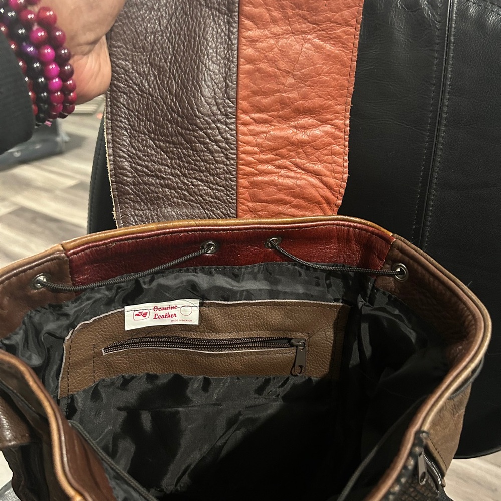 Brown Leather Patchwork Drawstring Backpack Bag - image 5